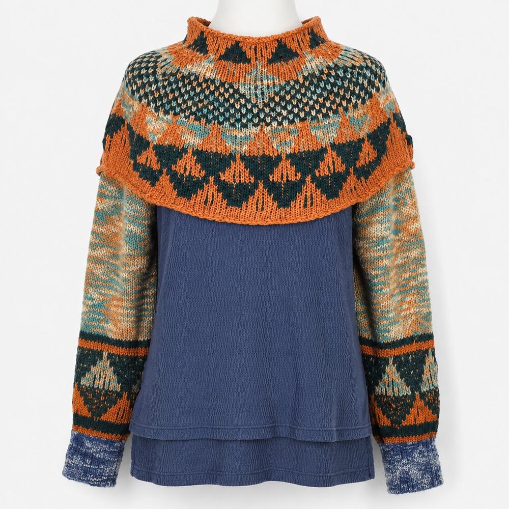 Free People Layered Fair Isle Sweater Women's Small S Orange Blue Knit